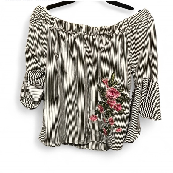 Elegant Off-Shoulder Striped Blouse with Floral Detail - Picture 1 of 3